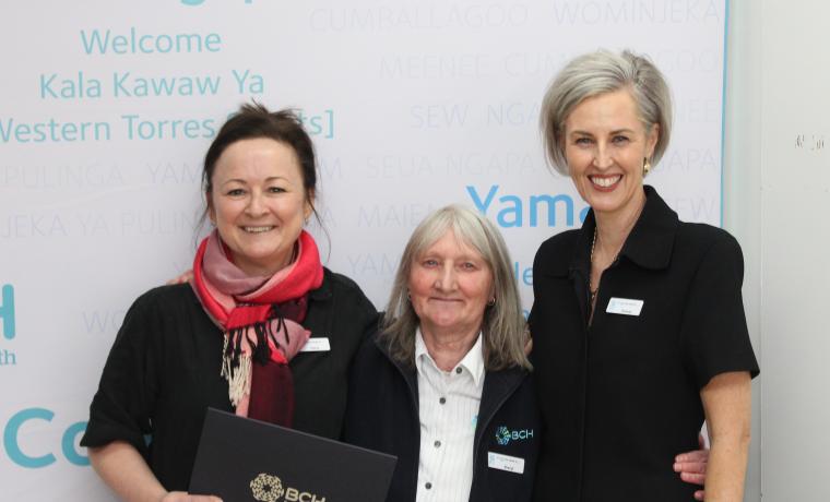 Sheryl Mark, centre, of Health Information Services has served Bass Coast Health and its predecessors for 45 years. She’s with Chief Operating Officer/Director of Nursing Christine Henderson, left, and Interim CEO Simone Alexander.