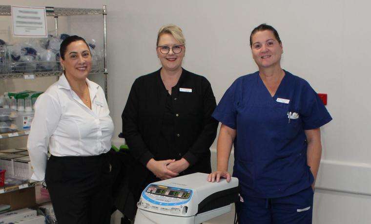 Bayside Health’s Volunteer and Fundraising Manager Kerry Redmond, Theatre Nurse Unit Manager Wendy James and Associate Nurse Unit Manager Stephanie Dunn with the diathermy unit to support the treatment of endometriosis.