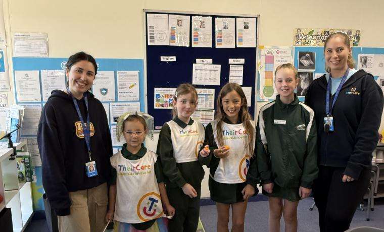 Stephanie (Wonthaggi TheirCare OSHC Educator) and Katrina (Wonthaggi ThierCare OSHC Coordinator) with students Ellie, Gabrielle, Hope and Khloe.