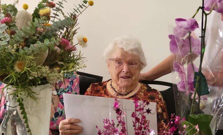 Lyn, a member of the Social Support Group at Bayside Health’s Wonthaggi Hospital, celebrated her 100th birthday with fellow group members.