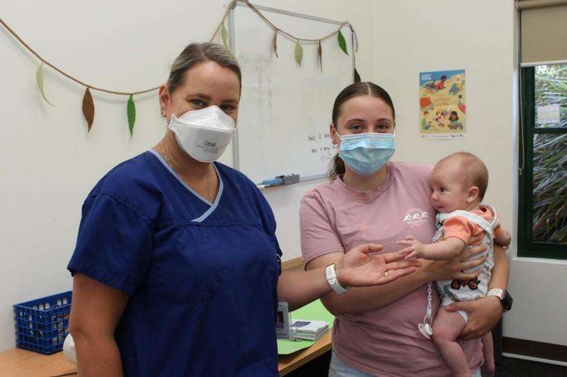 Bass Coast Health Maternal and Child Health Nurse Hayley Blundell with new mum Cloe Booth and her daughter Isabella Peters in the new office at 73 Watt Street, Wonthaggi.