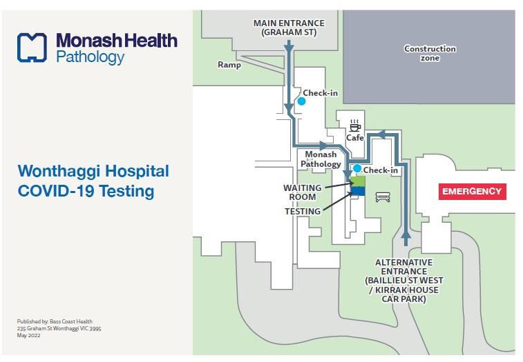 Follow this map to access COVID testing at Wonthaggi Hospital.
