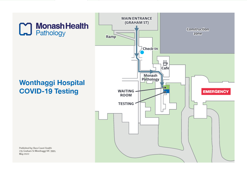 Follow this map to access COVID testing at Wonthaggi Hospital.