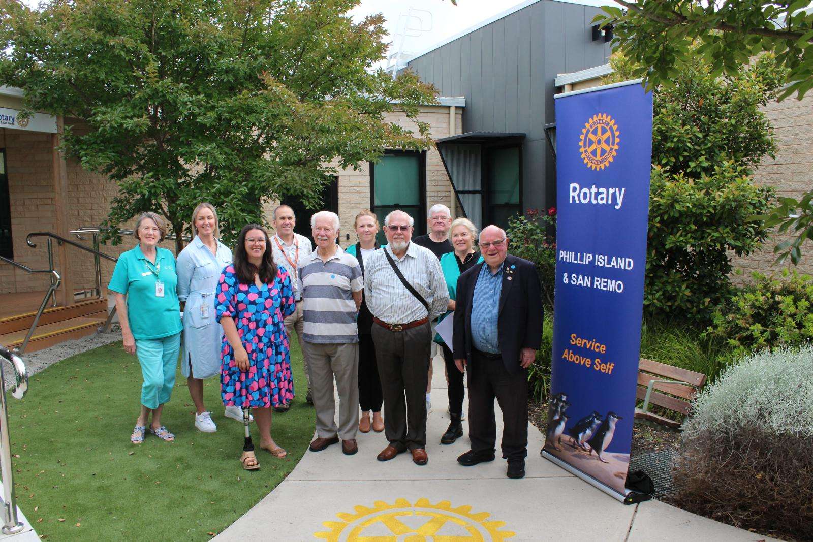 Members of Freemasons, Phillip Island Health Hub Auxiliary and Rotary Club of Phillip Island and San Remo appreciated the Rotary Rehabilitation Courtyard during the Community Tour Day. From left, Lyn Wadeson of the Auxiliary, Katie Chandler of BCH, Amanda Drennan of the Auxiliary, Steve Fuery of BCH, Ian Samuels of Freemasons, Kelly Ambler of BCH, Adrian Mitchell of Freemasons, John Lovell of Rotary, Kerryn Griffiths of BCH and Bruce Proctor of Freemasons.