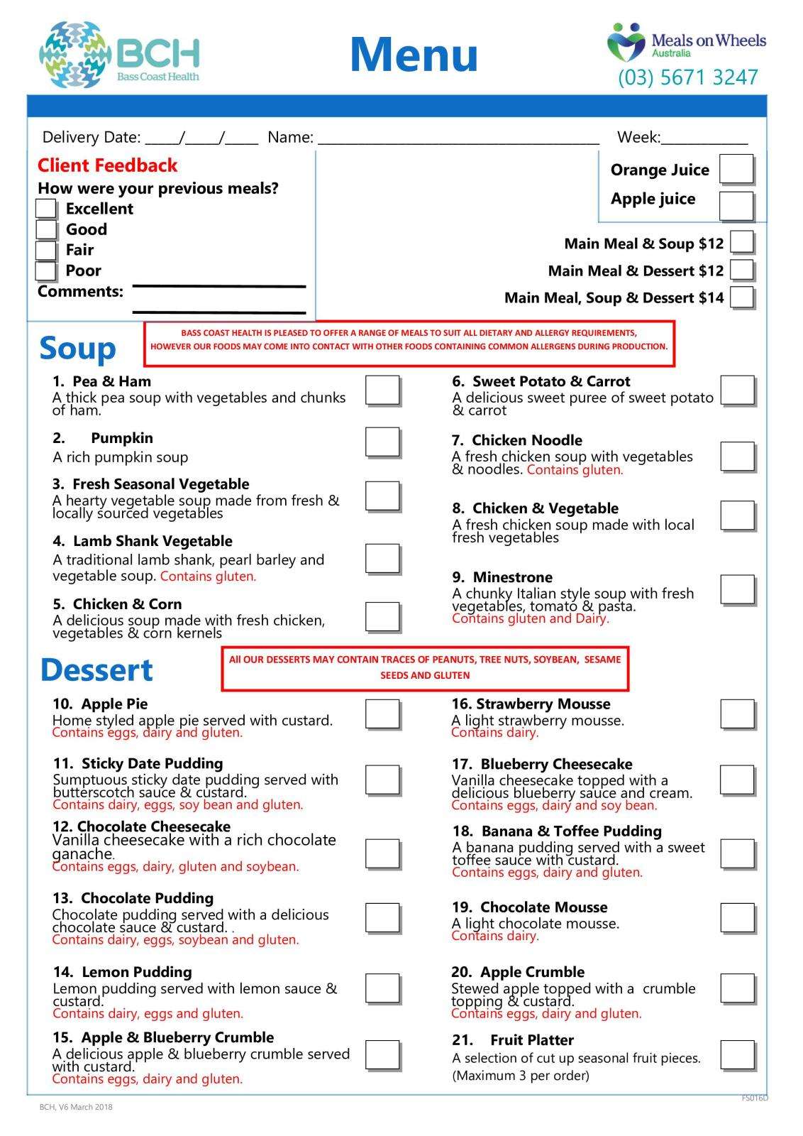 Meals on Wheels menu - page 1
