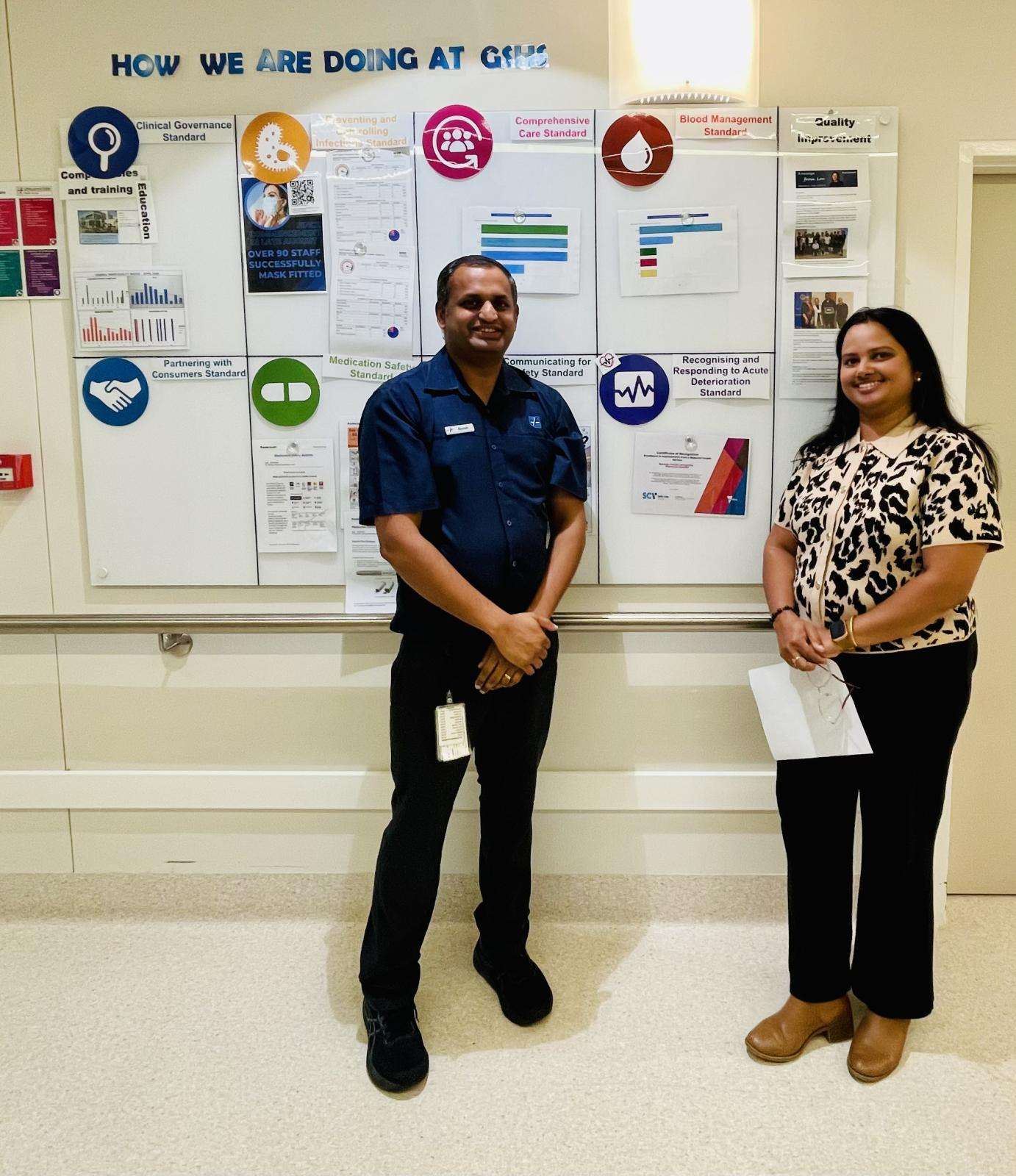 Rinosh Thomas, Nurse Unit Manager of General Ward, and Jimsy Palatty Varghese, Deputy Director of Nursing Leongatha. Both are proud of the Leongatha Memorial Hospital team for receiving an award from Safer Care Victoria.