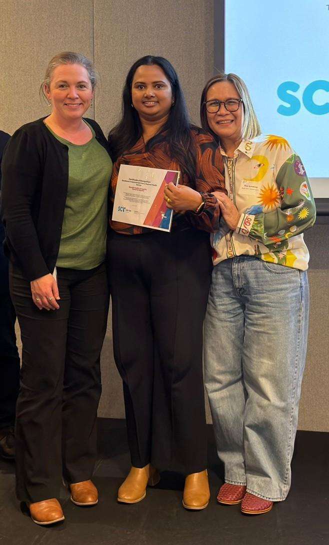 Proudly receiving the Safer Care Victoria certificate are, from left, Acting Leongatha Director of Nursing, Fiona Christensen, Deputy Director of Nursing Leongatha, Jimsy Palatty Varghese and After Hours Coordinator at Leongatha, Rory Sumalinog.